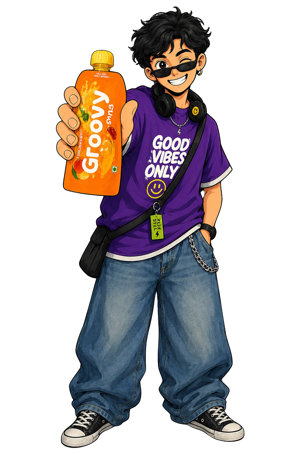 Groovy character holding juice pouch